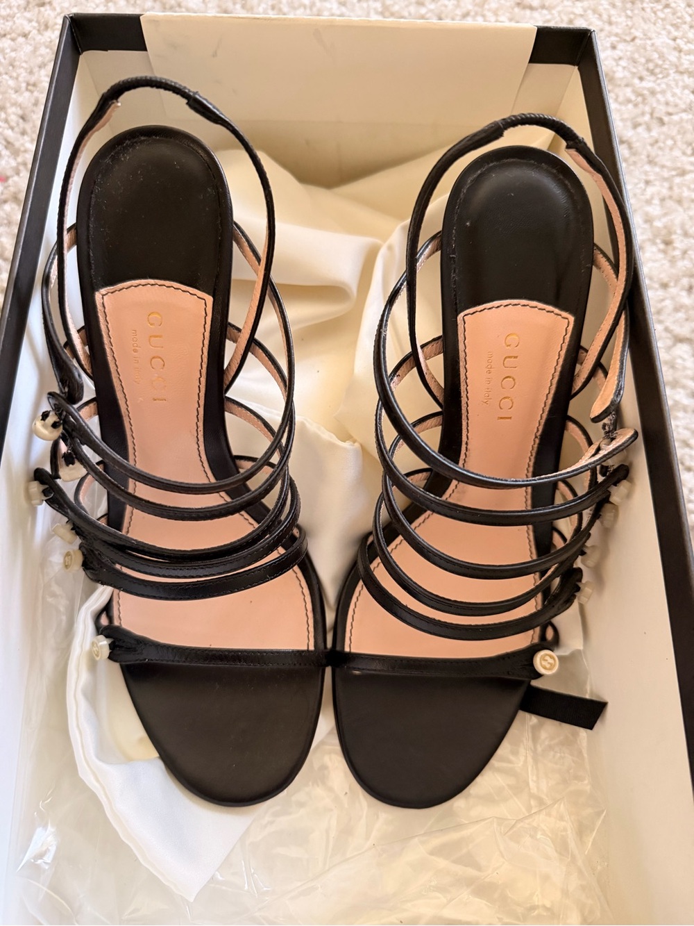 Gucci Black Multi-Strap Leather Slingback Sandals with Nude-Pink Insoles